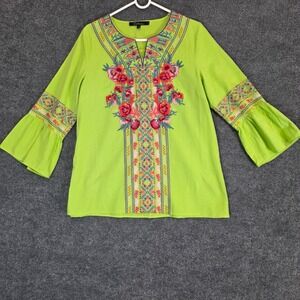 Caleaaa Blouse Embroidered  Women S Lime‎ Green Floral Boho Bell Sleeve V-Neck